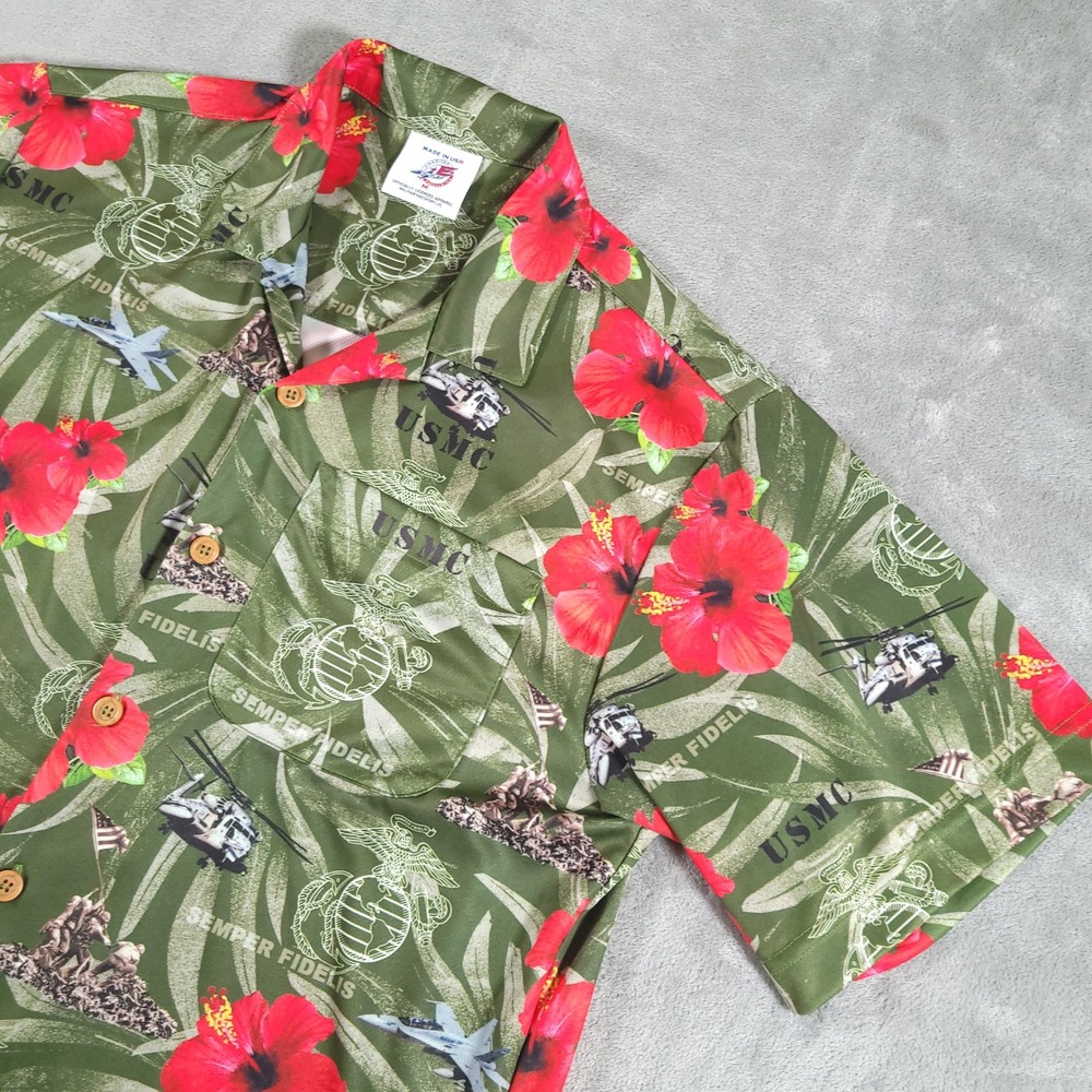 AE Sport Shirt Men Medium Green USMC Hawaiian Aloha Marine Corps Semper Fi USA
